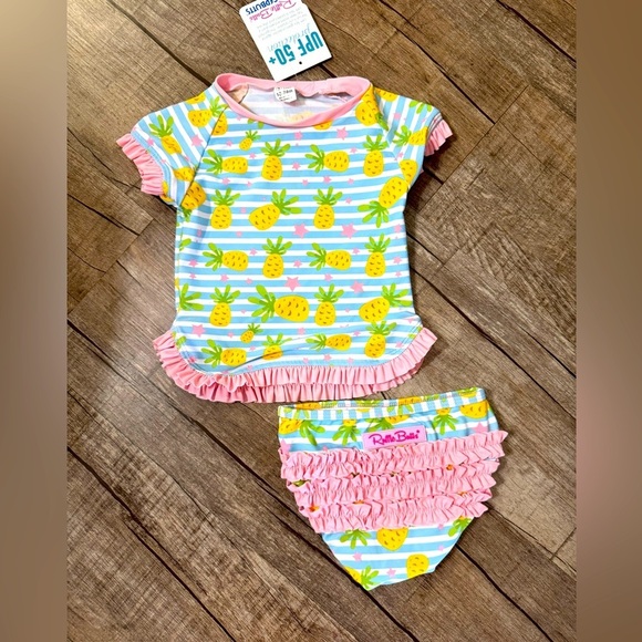 NWT Ruffle Butts 18-24 M 2 piece swimsuit stripe pineapple ruffle - Picture 1 of 4